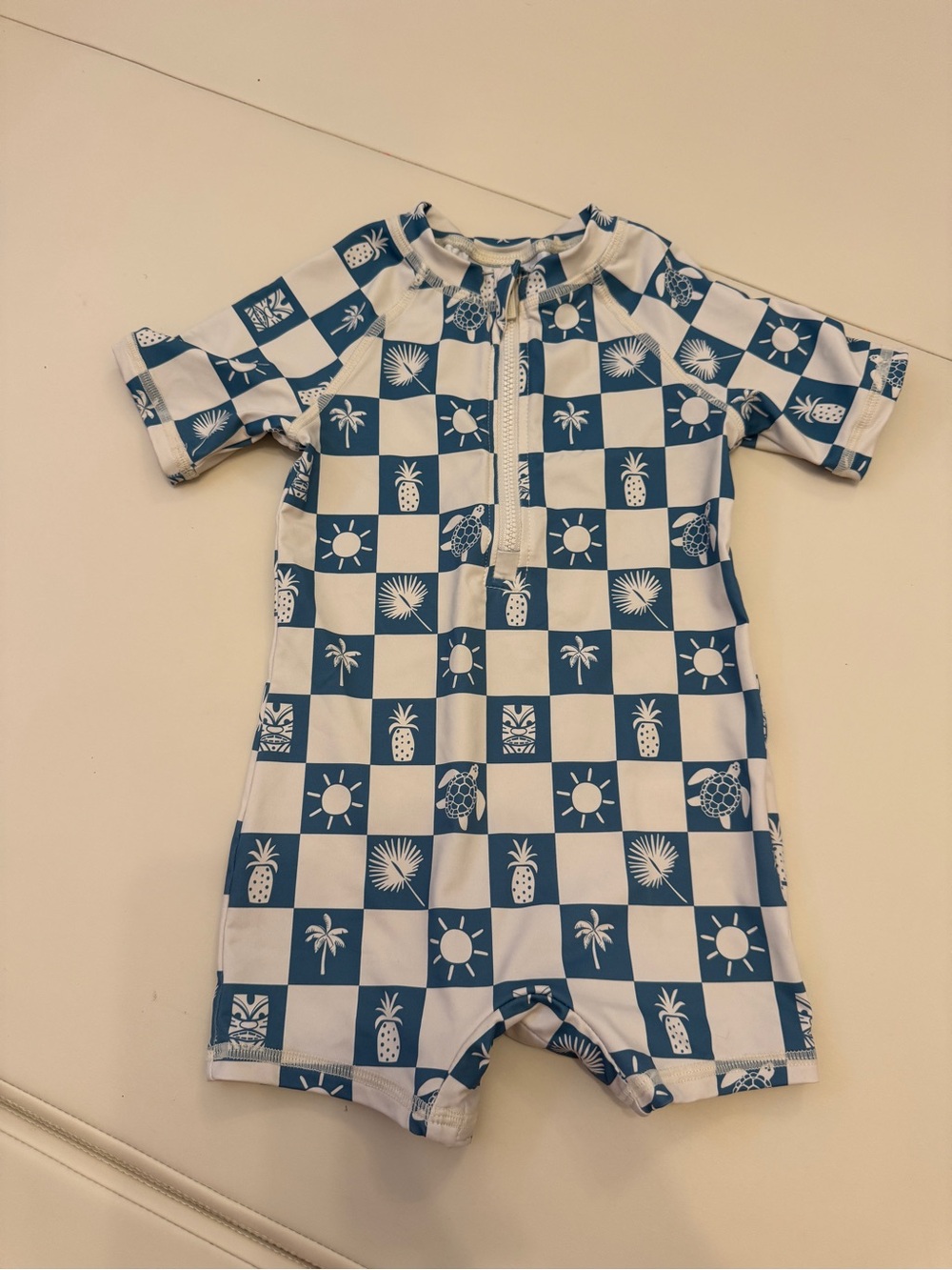 Kids Short-Sleeve Rashguard One-Piece - Blue Check Tropical Print